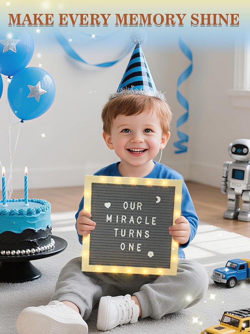 ANPHSIN Changeable Felt Letter Board with LED Lights - 10×10" Message Custom Signs & Wood Stand & 450 Letters, Poster Board for Valentine's Day/Baby/Pregnancy Announcement/Classroom Wall Decor Gifts, Grey - Image 5